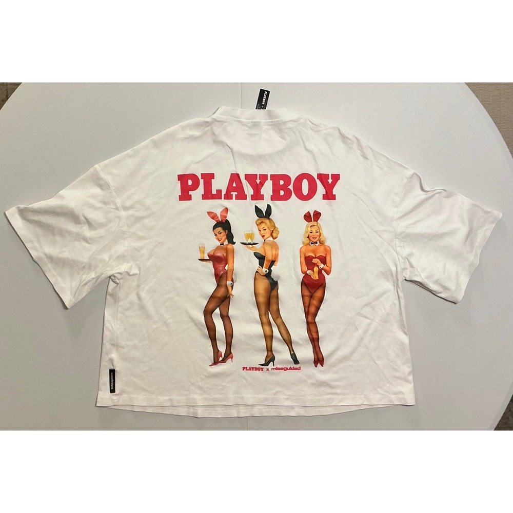 Playboy x‎ Missguided White Oversized Graphic Crop T-Shirt Womens Large Pinup